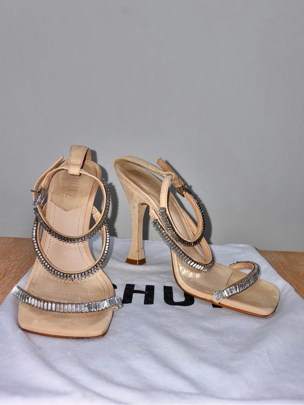 SCHUTZ Nude Strappy Heels with Silver Crystal Accents in Shoe Bag